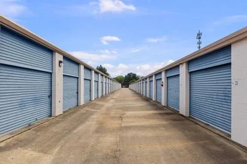 Rows of drive up storage units