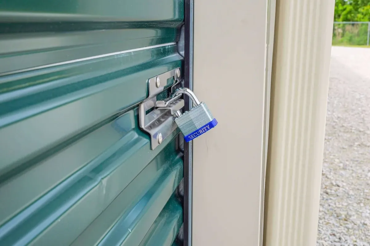 Self storage green door with lock